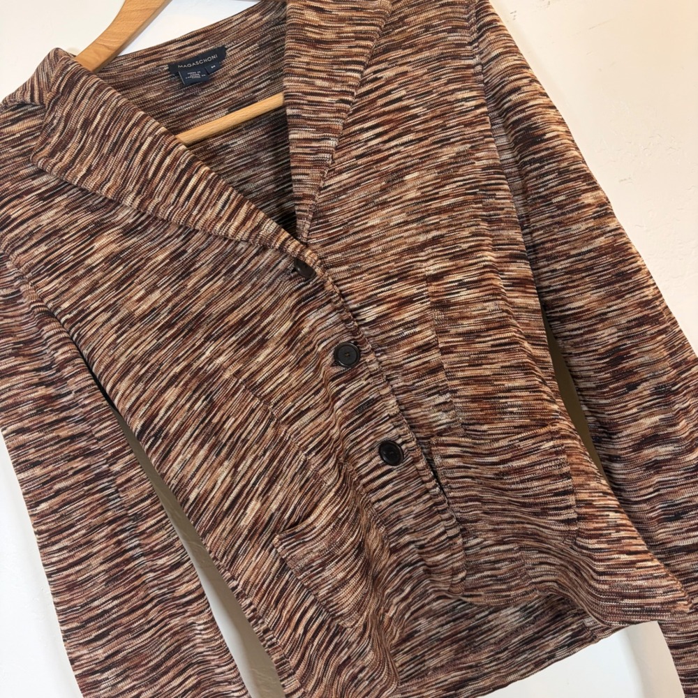 Magaschoni 100% Silk Knit Blazer Brown Space Dye Button Front Jacket Womens Med